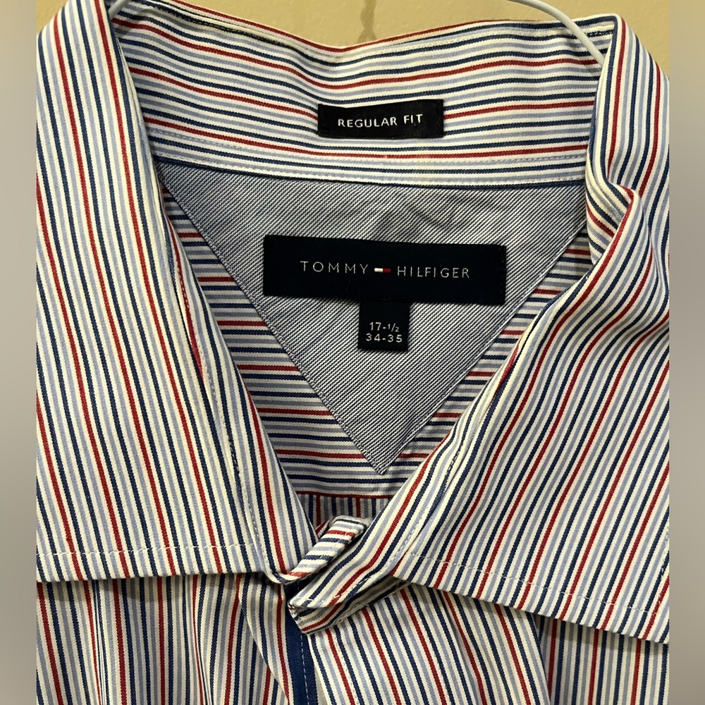 Tommy Hilfiger dress shirt in red, white, light blue and dark blue stripes